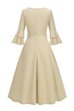 Apricot A-Line V-neck Half Sleeves Midi 1950s Dress