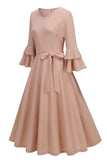 Apricot A-Line V-neck Half Sleeves Midi 1950s Dress