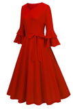 Apricot A-Line V-neck Half Sleeves Midi 1950s Dress