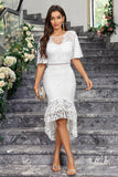 White Mermaid Lace Short Sleeves Ruffle High-Low Dress