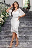 White Mermaid Lace Short Sleeves Ruffle High-Low Dress