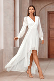 White A-Line Wrap Long Sleeves High-Low Party Dress