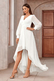 White A-Line Wrap Long Sleeves High-Low Party Dress