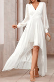 White A-Line Wrap Long Sleeves High-Low Party Dress