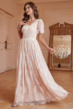 White A-Line Short Sleeves Lace Long Party Dress