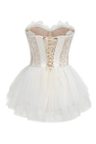 White Lace A-Line Strapless Corset Strapless Tiered Short Party Dress