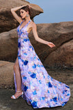 Floral Print Blue Purple A Line Halter Prom Dress with Slit