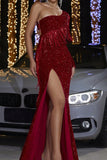 Sparkly Red Hollow Out One Shoulder Sleeve Fringe Mermaid Prom Dress with Slit