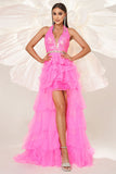 Fuchsia A Line Halter Tiered Tulle Prom Dress with Slit