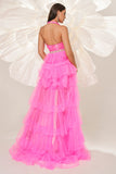 Fuchsia A Line Halter Tiered Tulle Prom Dress with Slit