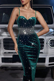 Sparkly Dark Green Bodycon Tea Length Prom Dress with Rhinestone