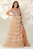 Champagne A Line Sweetheart Corset Tiered Tulle Long Prom Dress with Slit