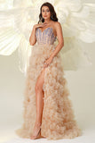 Champagne A Line Sweetheart Corset Tiered Tulle Long Prom Dress with Slit