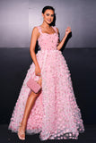 Pink A Line Tulle Slit Long Prom Dress with Appliques