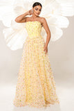 Yellow Strapless A Line Corset Tulle Long Prom Dress with Appliques