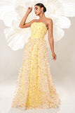 Yellow Strapless A Line Corset Tulle Long Prom Dress with Appliques