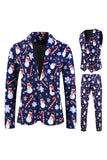 Navy Snowmen Printed 3 Pieces Men's Christmas Suits