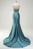 Sparkly Dusty Green Mermaid Spaghetti Straps Beaded Long Prom Dress with Slit