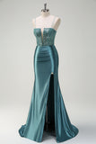 Sparkly Dusty Green Mermaid Spaghetti Straps Beaded Long Prom Dress with Slit