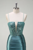 Sparkly Dusty Green Mermaid Spaghetti Straps Beaded Long Prom Dress with Slit