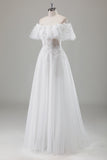 Ivory Off the Shoulder A-Line Wedding Dress with Appliqued Lace