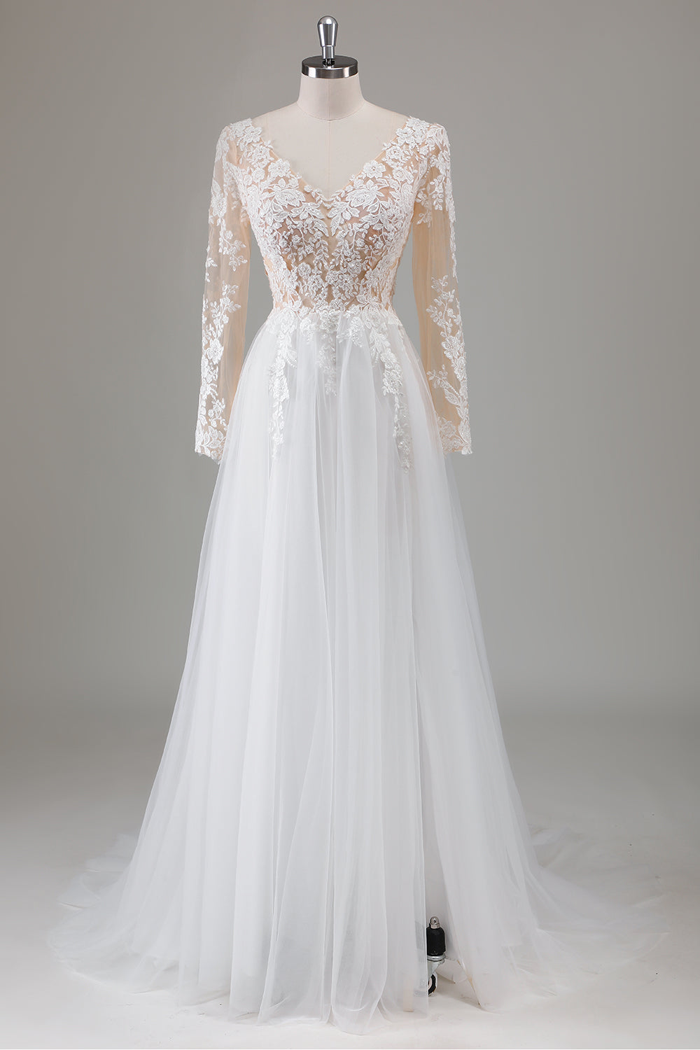 Zapaka Women Ivory Wedding Dress with Slit A-line Applique V-Neck Long Sleeves Bridal Dress, Ivory / US10 Zapaka Women Ivory Wedding Dress with Slit A-line Applique V-Neck Long Sleeves Bridal Dress, Ivory / US10
