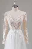 Ivory V-Neck Long Sleeves Appliqued Wedding Dress with Slit