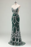 Glitter Dark Green Mermaid Strapless Sequins Long Corset Prom Dress with Beading