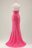 Sparkly Fuchsia Mermaid Strapless Long Prom Dress with Slit