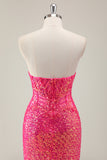 Sparkly Fuchsia Mermaid Strapless Long Prom Dress with Slit