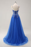 Royal Blue A Line Spaghetti Straps Corset Tulle Prom Dress With Embroidery