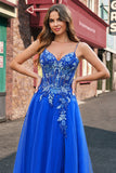 Royal Blue Tulle A-Line Spaghetti Straps Corset Long Prom Dress with Slit