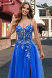 Royal Blue Tulle A-Line Spaghetti Straps Corset Long Prom Dress with Slit