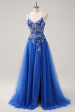 Royal Blue Tulle A-Line Spaghetti Straps Corset Long Prom Dress with Slit