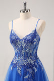 Royal Blue A Line Spaghetti Straps Corset Tulle Prom Dress With Embroidery