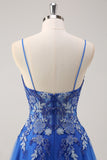 Royal Blue A Line Spaghetti Straps Corset Tulle Prom Dress With Embroidery