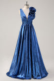 Royal Blue A Line Deep V-Neck Metallic Prom Dress with Floral Shoulder Detail