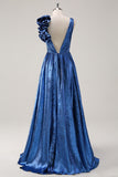 Royal Blue A Line Deep V-Neck Metallic Prom Dress with Floral Shoulder Detail