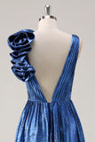 Royal Blue A Line Deep V-Neck Metallic Prom Dress with Floral Shoulder Detail