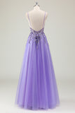 Purple A Line Spaghetti Straps Sequin Tulle Prom Dress with Appliques