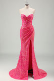 Sparkly Fuchsia Mermaid Strapless Corset Sequins Long Prom Dress with Slit