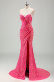 Sparkly Fuchsia Mermaid Strapless Corset Sequins Long Prom Dress with Slit