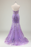 Purple Mermaid Corset Strapless Long Prom Dress with Appliques