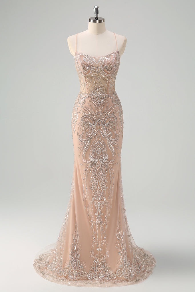 Champagne Mermaid Strapless Corset Long Prom Dress With Beading