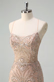 Sparkly Champagne Mermaid Spaghetti Straps Corset Long Prom Dress