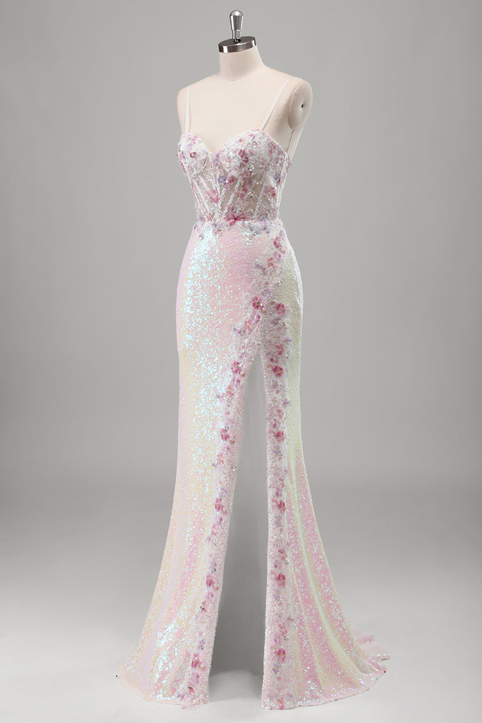 Gorgeous Pink Spaghetti Straps Sequin Beaded Long Evening Dress Formal Party Gown