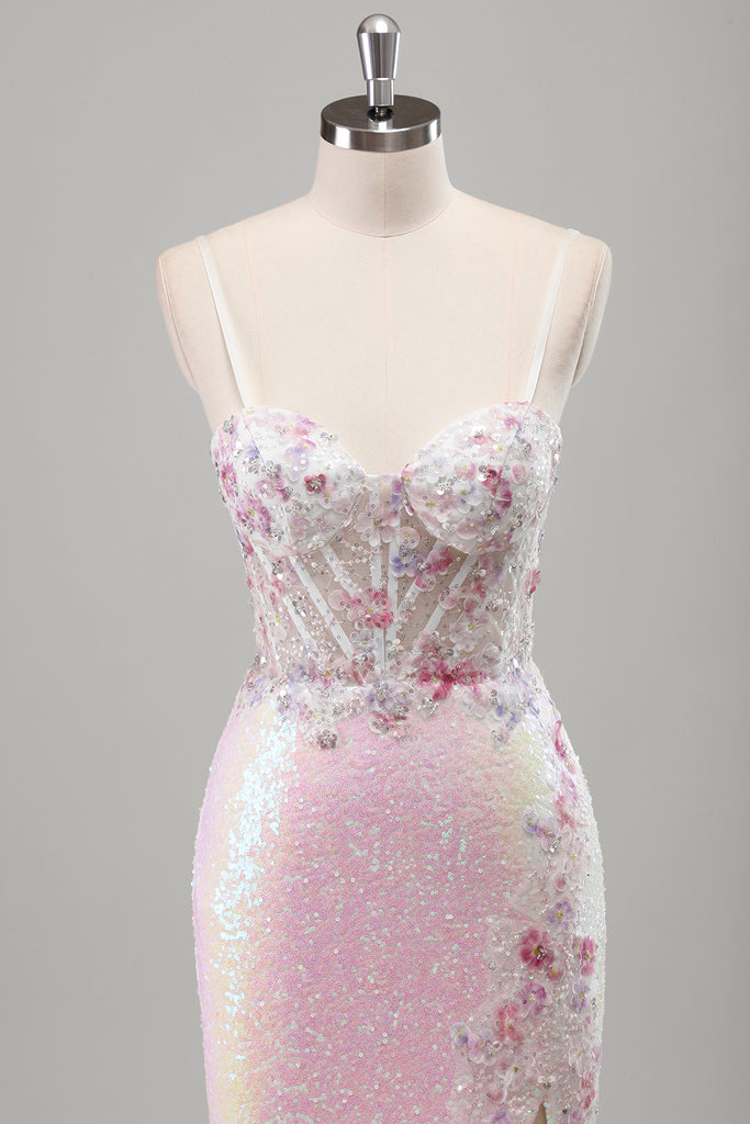 ZAPAKA Women Sparky Pink Long Prom Dress Spaghetti Straps Flowers
