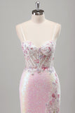 Sparkly Pink Mermaid Spaghetti Straps Corset Flowers Sequins Long Prom Dress with Slit