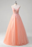 Sparkly Peach A-Line Corset Floral Tulle Long Prom Dress with Beaded