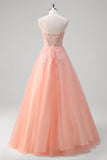 Sparkly Peach A-Line Corset Floral Tulle Long Prom Dress with Beaded